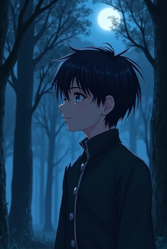 1boy, masterpiece, best quality, 4k, uhd, from side, forest, black hair, azure eyes, young male, night time, looking at moon, small smil
