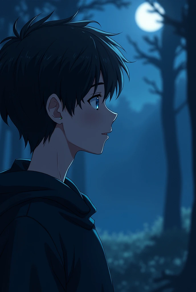 1boy, masterpiece, best quality, 4k, uhd, from side, forest, black hair, azure eyes, young male, night time, looking at moon, small smil