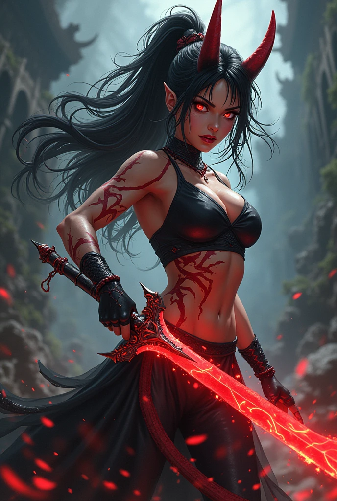 Create a female demon slayer oni character in demon slayer demonia anime style