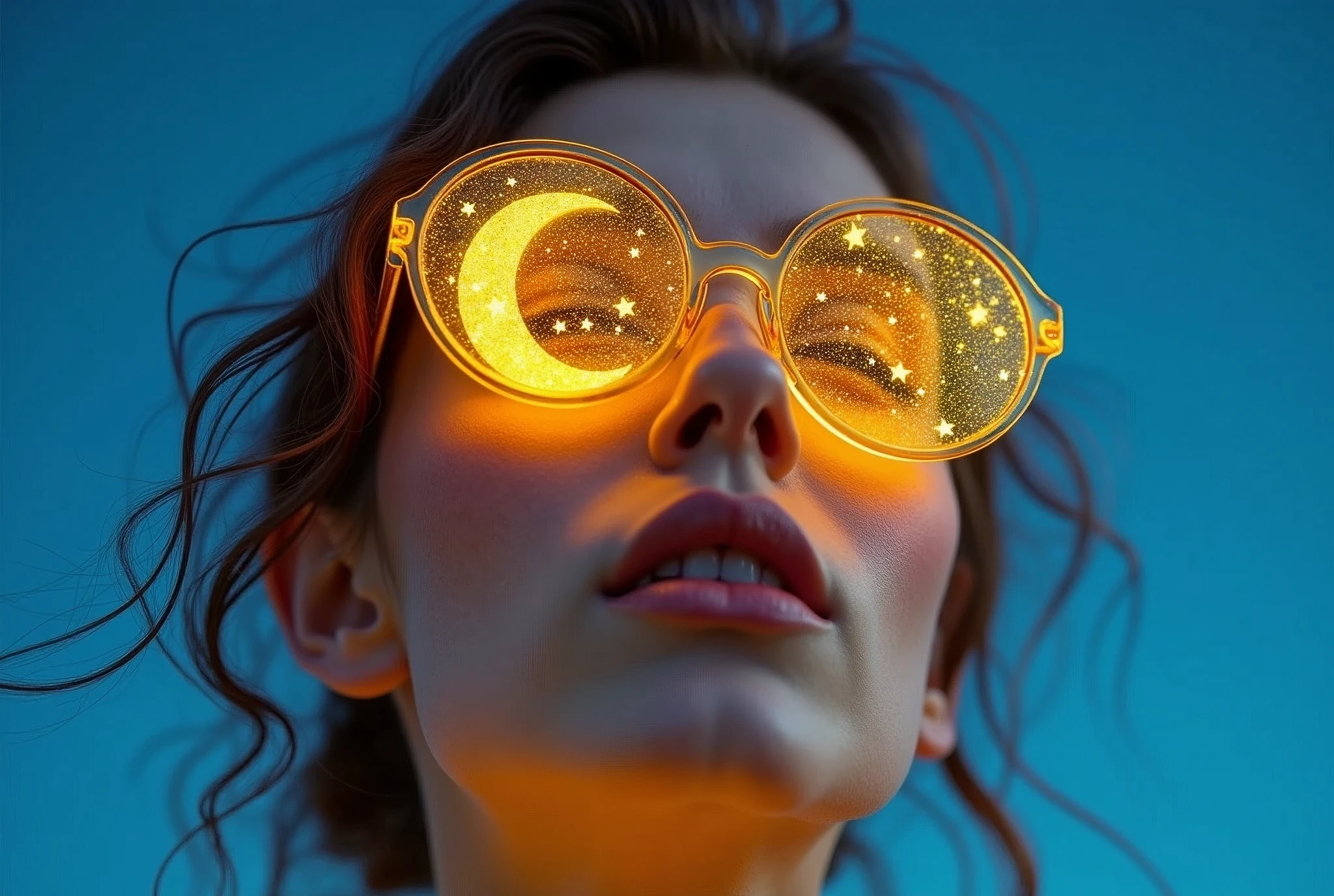 model wearing vitreous sunglasses with star and moon in the glass, in the style of dark sky-blue and light yellow, minimalist pen lines, fairy kei, use of precious materials, vibrant and lively hues, captivating, glitter