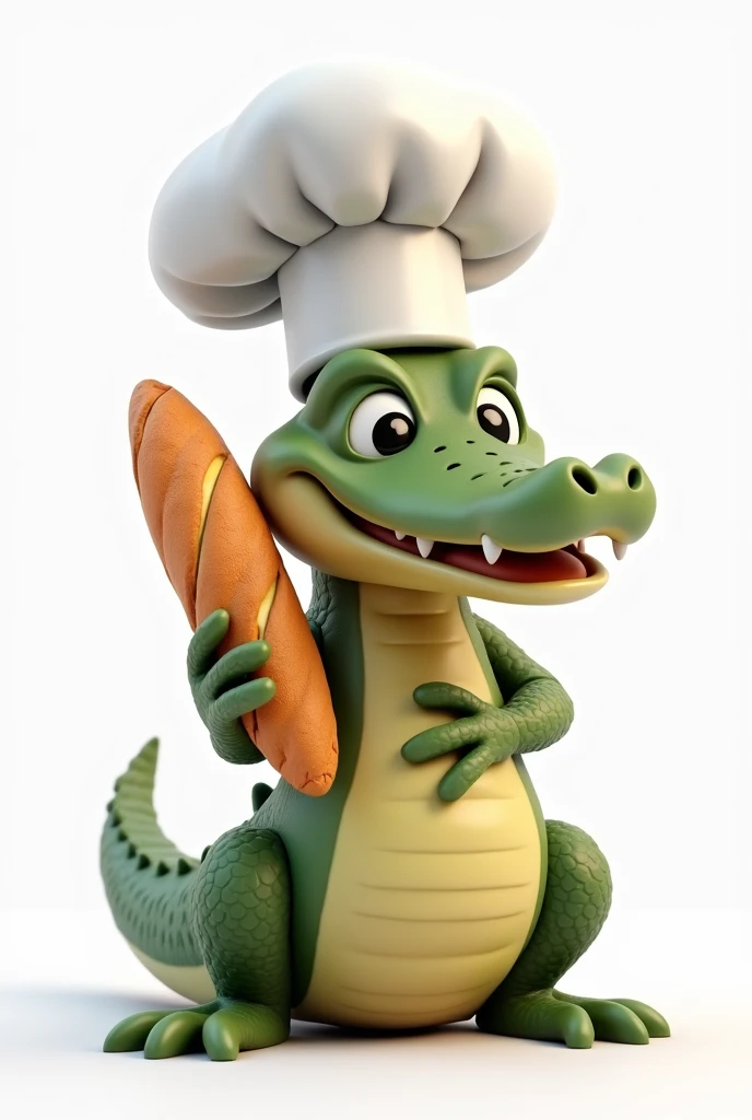 alligator in chef&#39;s hat holding a baguette bread in his right hand, 3d, cartoon, no back ground

