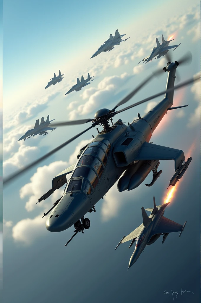 A helicopter fighting a 3 fighter jet in the air