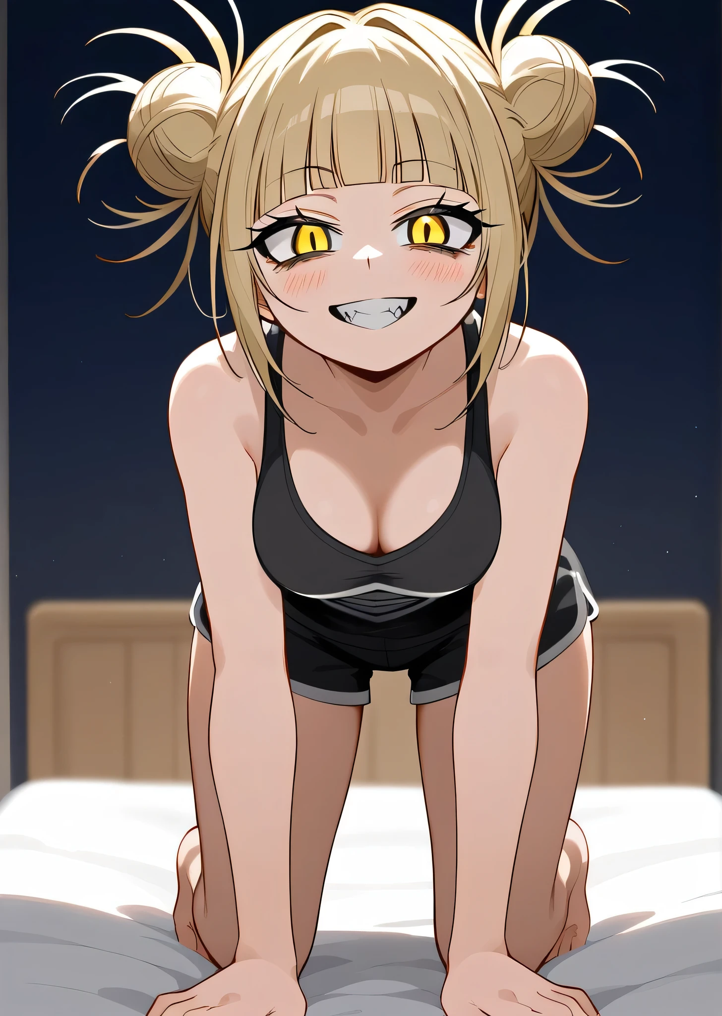 [toga himiko], [Boku no hero academia], ((masterpiece)), ((high res)), ((solo portrait)), ((front view)), ((low angle view)), ((full body)), ((HD)), ((detailed shading)), ((intricate details)), {(attractive figure), (messy bleach blonde hair), (twin buns in hair), (long eyelashes), (squinted yellow eyes),(bags under eyes), (medium breasts), (curvy hips), (beautiful legs), (cute soft feet), (blushing), (sharp white fangs), (cute wide grin)}, {(tank top), (black pajama shorts)}, {(crawling on bed), (all fours), (looking at viewer)}, [dark ominous lighting, bedroom]