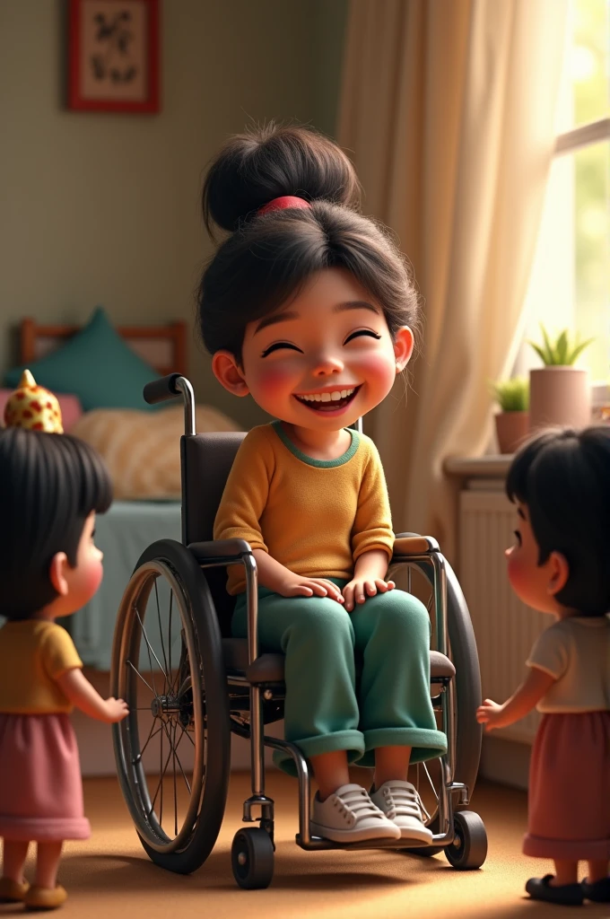 A woman in a wheelchair and three little black dolls laughing behind her