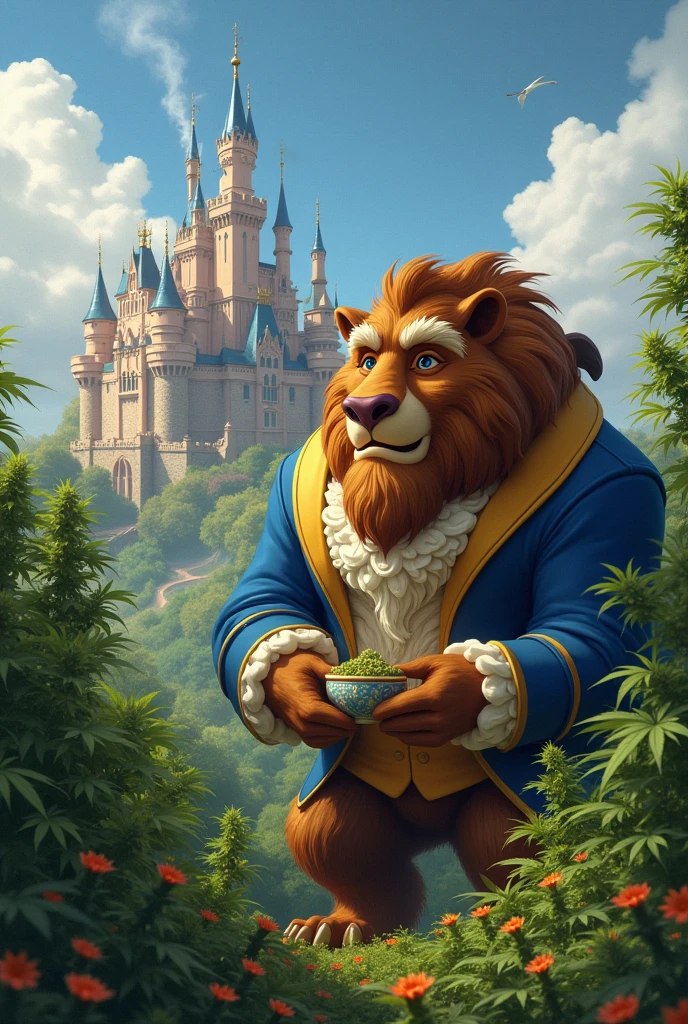 the Disney character Beast smoking marijuana and happy, in the background his castle with a marijuana plantation,