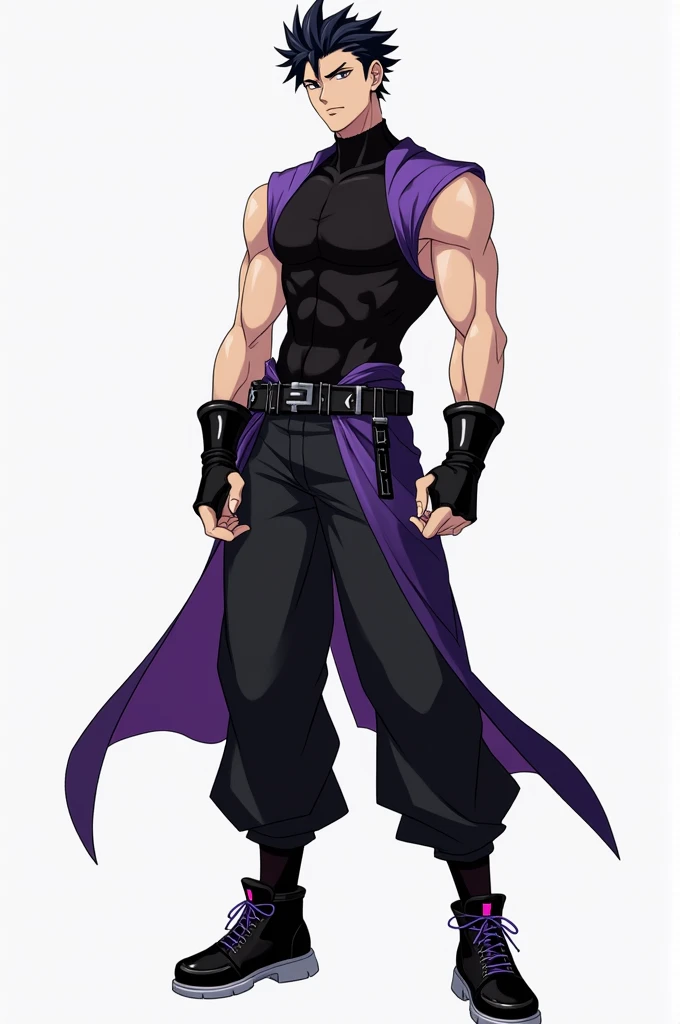 Boku no hero style men's hero outfit with tight black blouse, high collar, sleeveless and open at the back, loose black pants.
comfortable black sneakers with combat boots style.
all outfit with lilac and black details.
black gloves that show the fingers.