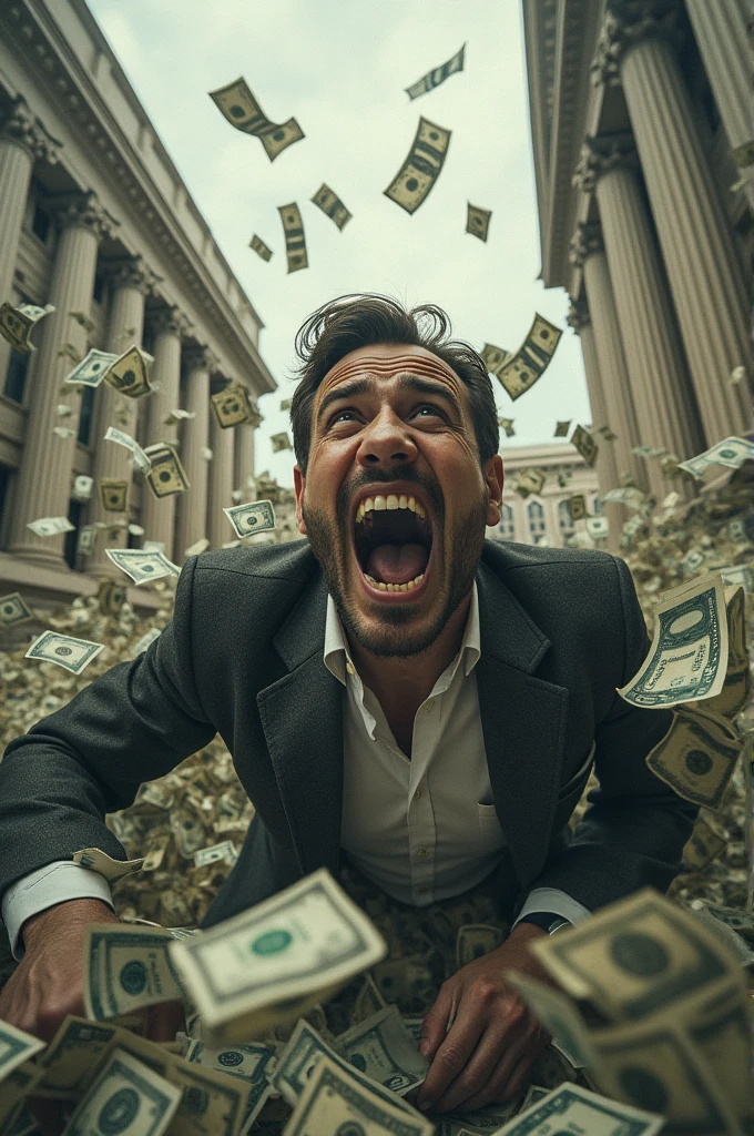 I created a man being suffocated by fake money and a bank that you can see from the outside
