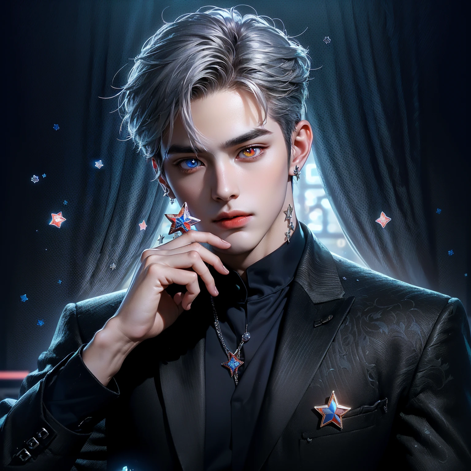 ((Highest quality,masterpiece,Extremely sophisticated details,Avatar of a handsome Korean-style man with short silver hair,Stickers,Holding a big three-dimensional star in hand,Heterochromatic red and blue pupils,Wearing a boss's formal short black suit without tie and high collar,singer)),extremely handsome,super handsome guy,Small silver jewelry decoration,((Correct anatomy))