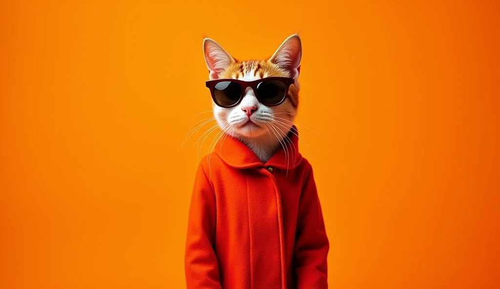 The best mobile wallpaper, Award-winning wallpaper, Portrait Photography, In front view is a portrait of a cute cat wearing 1960s mid-century space-age fashion, Side view shot, Shot with Canon EOS R5, Setting a stark contrast that accentuates the subject, Fluorescent orange shade, Wearing a very fashionable lounge coat and sunglasses are a hip 1960s style, Clothing all in one color, Beautiful background
