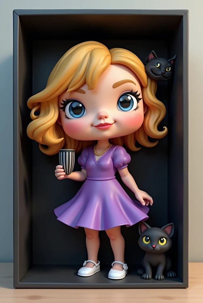 A female Funko figure named Briggite wearing a purple dress outfit with white shoes, with blonde hair and blue eyes who has a black Stanley glass in his right hand. The Funko is shown inside the box with a black cat.