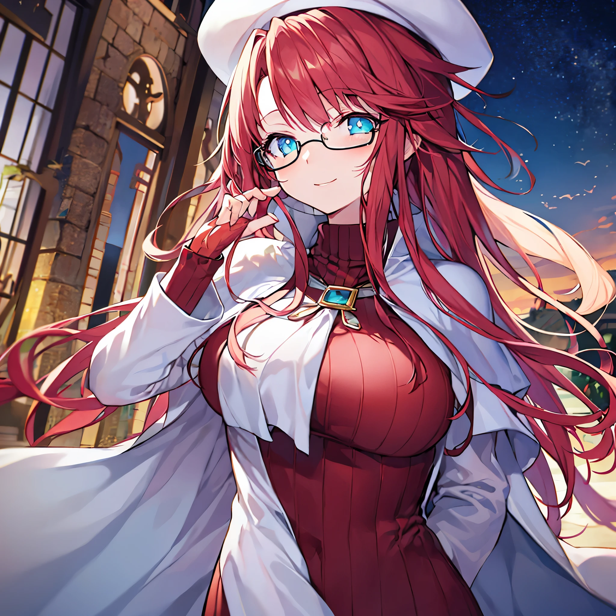summonnightaty, aty, (young:1.3),long hair, blue eyes, red hair, big_tits, hat, glasses, BREAK long hair,, hat, dress,glasses, cape, sweater, beret,ribbed sweater,,solo, BREAK outdoors, fantasy, BREAK (masterpiece:1.2), best quality, high resolution, unity 8k wallpaper, (illustration:0.8), (beautiful detailed eyes:1.6), extremely detailed face, perfect lighting, extremely detailed CG, perfect ???????),covered_nipples,half_eyes,sleepy_eyes,red_sweater,magical_effect,,Smile,closed_mouth,solo,in_modern_town_landscape,night_sky,solo,portrait,bust up,looking_viewer,shiny_lips,blush