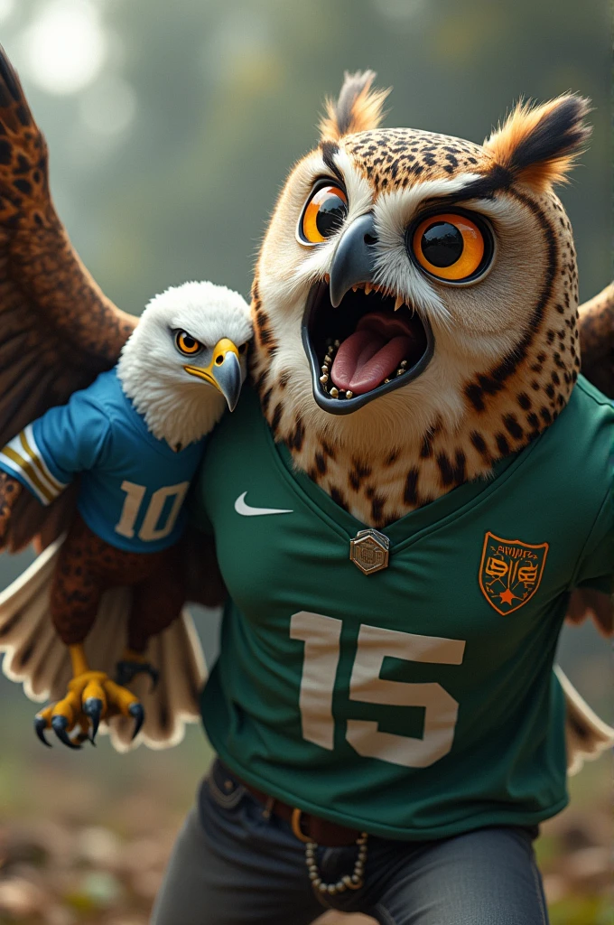 An angry owl in a green shirt with the number 15 crushing an eagle in a blue shirt with the number 10 with. anger 