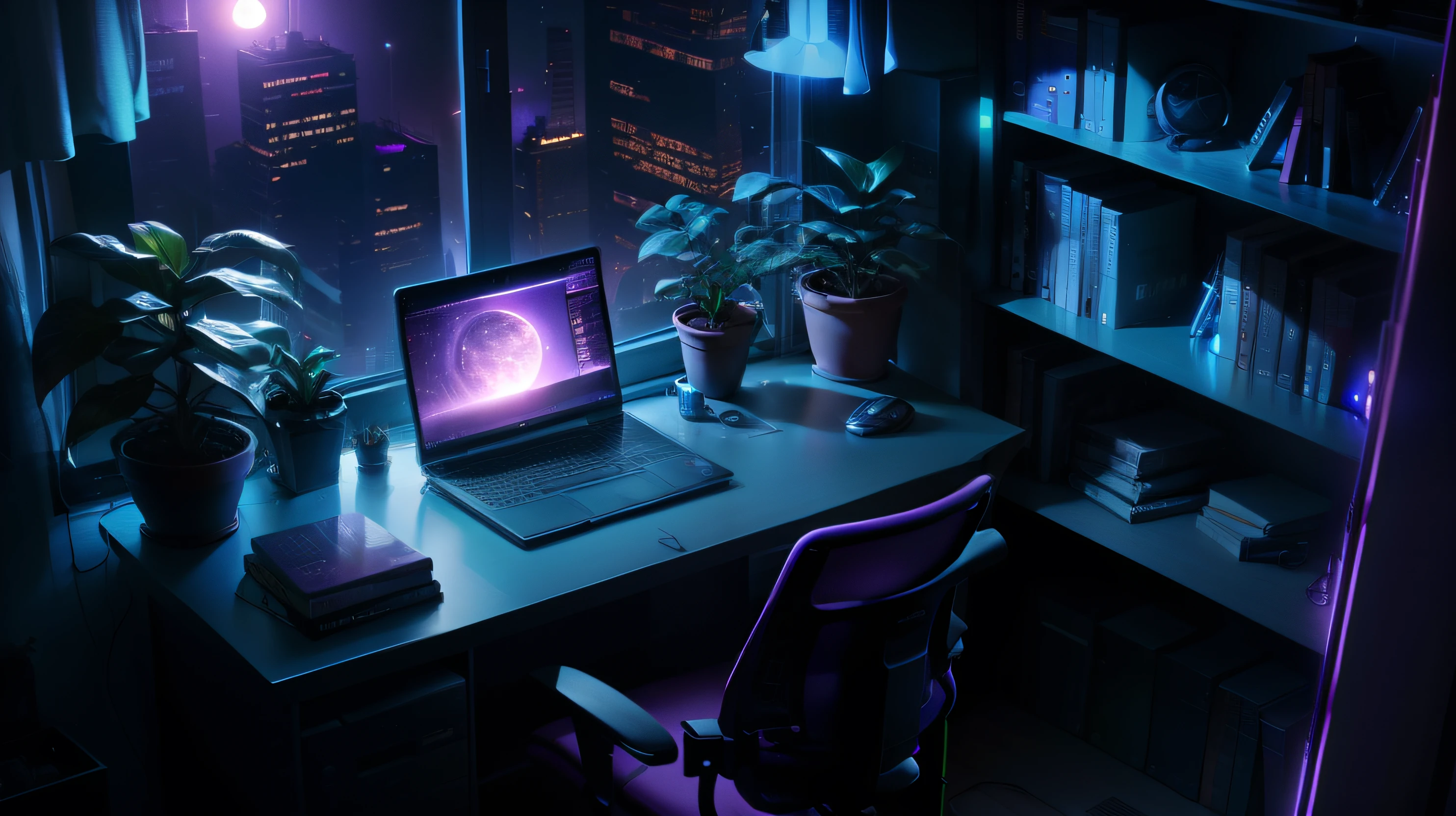 Room at night, ciberpunk, computer desk, houseplants, Books, computer, Space outside the window, purple light