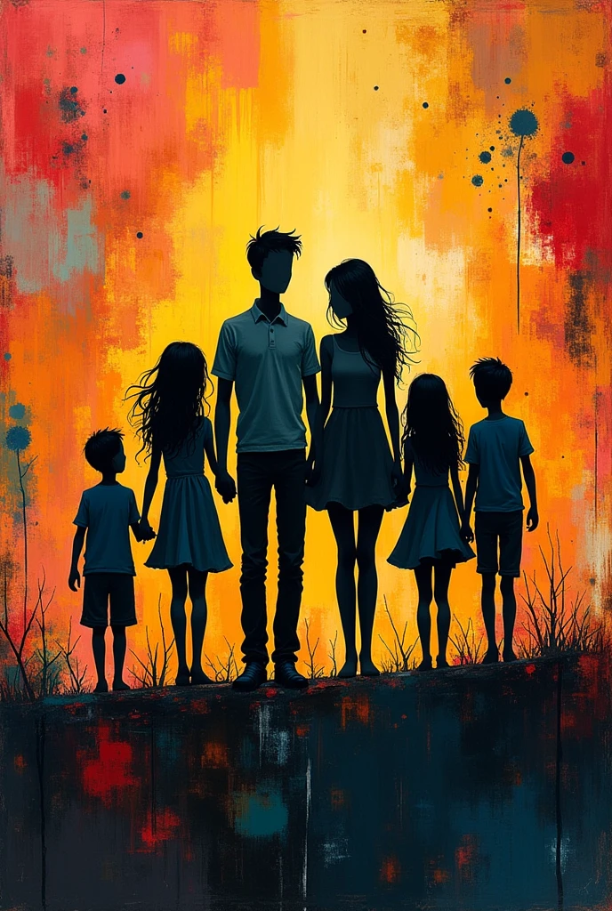 Abstract Dad Mom Silhouettes Painting, three daughters and three sons