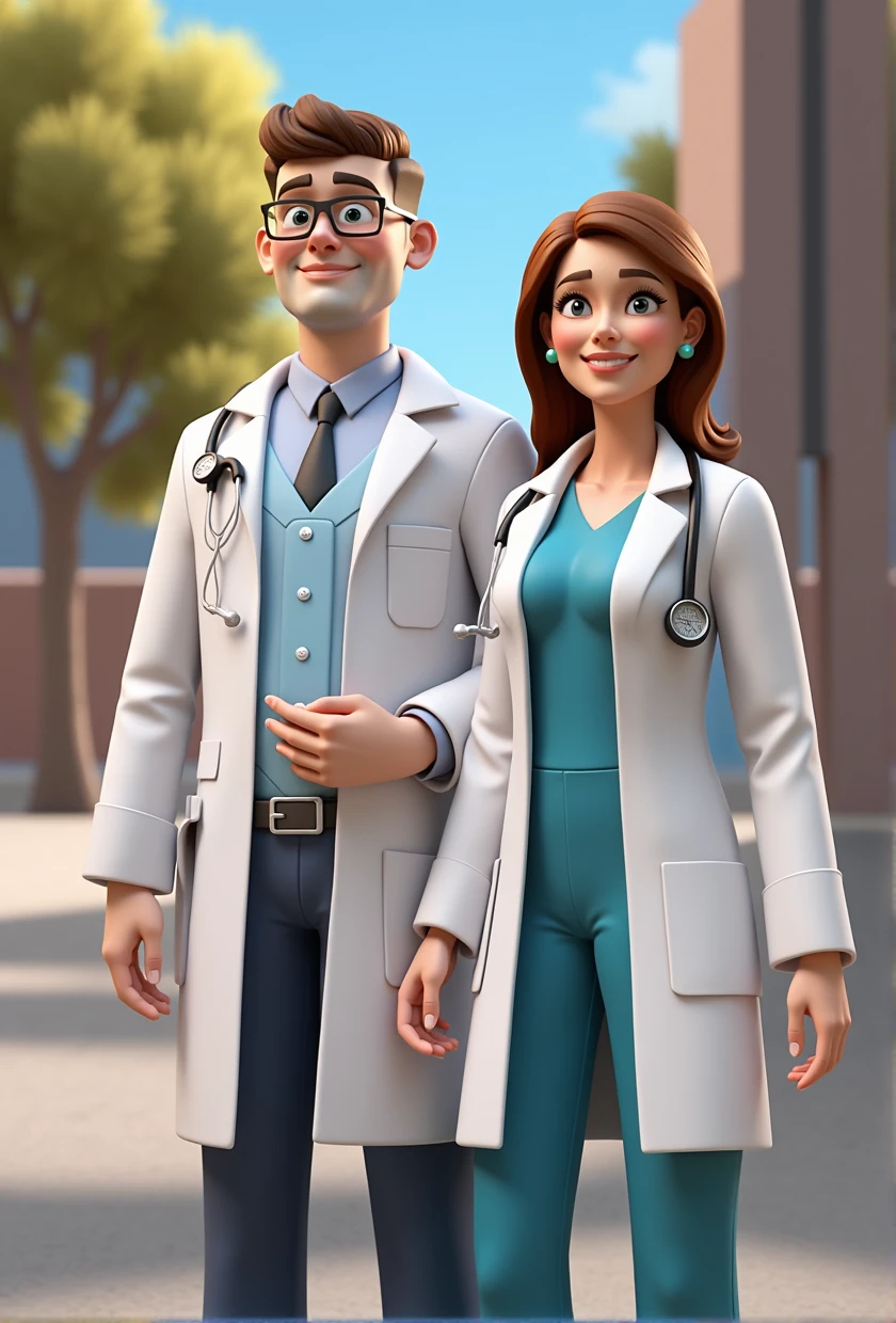 arafed male holding big tv monitor and female doctor standing next to each other, medical doctor, doctor, labcoats, wearing a labcoat, medium shot of two characters, wearing lab coat, wearing lab coat and glasses, wearing a lab coat, wearing a white lab coat, labcoat, wearing lab coat and a blouse, lab coat, medicine, 3d characters