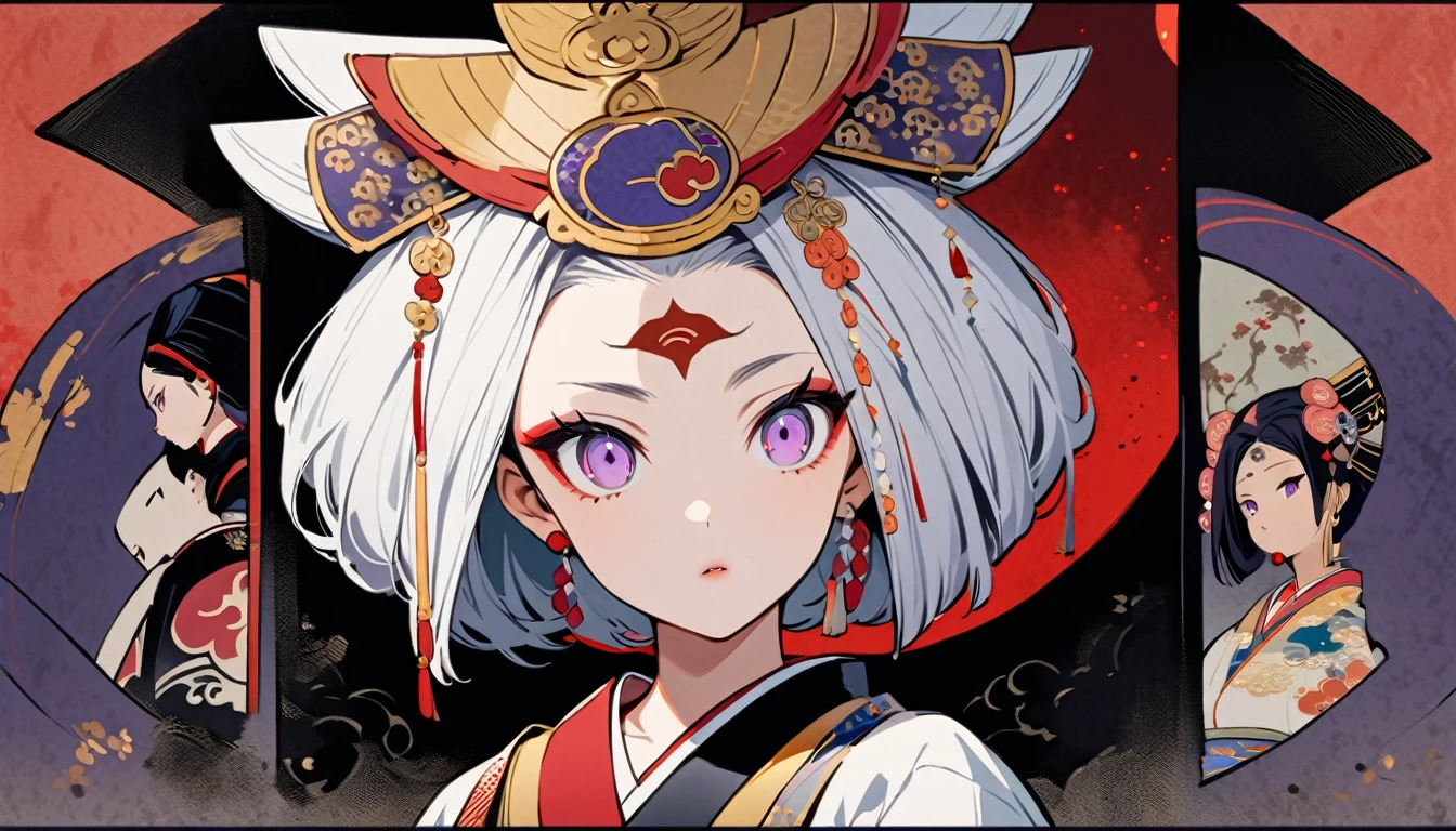 Ink painting, (((1 girl))), (((Red moon in the center of the forehead))),(((In the background is the Akatsuki moon))), (((Oiran))), (((Great hair accessories))), Japanese style headphones, Demon possession, (((Violet eyes))),Face up close, Japanese beauty, White hair, Sensitive and precise, Modern Ukiyo-e style
