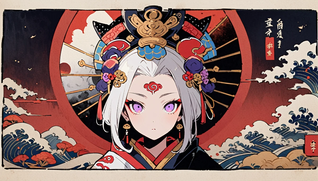 Ink painting, (((1 girl))), (((Red moon in the center of the forehead))),(((In the background is the Akatsuki moon))), (((Oiran))), (((Great hair accessories))), Japanese style headphones, Demon possession, (((Violet eyes))),Face up close, Japanese beauty, White hair, Sensitive and precise, Modern Ukiyo-e style