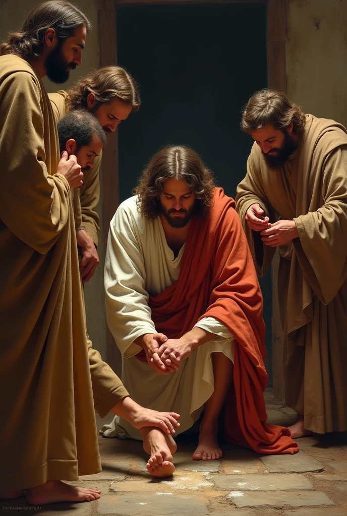 Jesus christ kneeling down , washing his disciples feet, in a house,