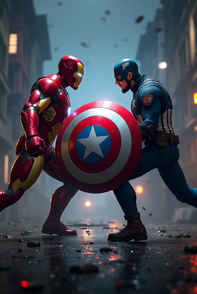 Iron man fighting Captain America on a very very very dark night, in the center the Bayern Munich shield