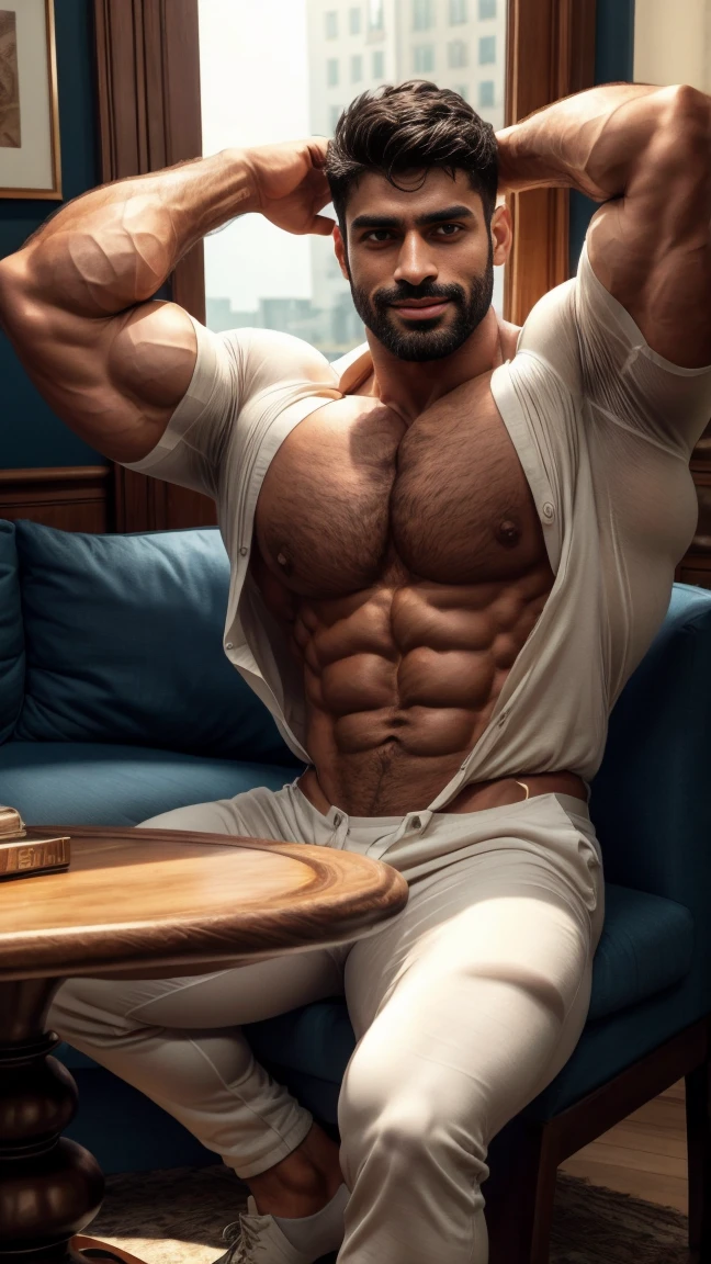 Two person in one photo, doing body play with each other, couple body play, seductive indian handsome in tighf white shirt and formal navy trouser, far shot! Hairy chest muscles! Furry armpits！Someone is watching next to it. , sexy digital art, tight white shirt with formal navy trouser, formal shoes with sport socks, standing on road with spread legs, Rolex watch, Finger rings, (8k, masterpiece, best quality, high resolution, Super detailed)elegant！on road background！！high-definition,8k,buzz cut！！！indian muscular,chesthair,Hairy chest muscles！nude,smirk, masterpiece, best quality, high resolution, detailed background,Strong indian body,Very,indian beared male,he is about 30 years old ,Rugged and handsome looking,Muscle tissue,Excessive muscles,chest muscles!Angry detailed background, frown, best quality, masterpiece,（muscular：1.5）,（black hair：1.5 ）,（Body hair is black：1.5）,（full body portrait：10.0）,（skin glow：0.5） full body portrait！SLR camera:1.5, best quality:2, masterpiece:2, Atmospheric, epic, spotlight,reflection,emphasize,Very detailed, depth of field, sharp focus, Detailedtexture,lifelike,Fuji XT3, Quality shadow, bollywood level visual effects, gritty realism, Amazingatmosphere,gloomy,Handsome, tall and with lots of chest and legs hair, award winning poster, Highly detailed HD, lingering,(dirty smile), coffee table , wine, loughing, (( look each other, )) , mature beared male muscular,handsome beared male 