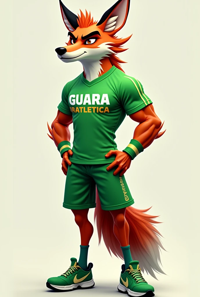 Description of the Mascot: 3D Maned Wolf General Appearance:
Animal: Guara wolf, with typical features such as long, slender legs, reddish-orange coat with black and white details.
expression: A serious and determined expression, with focused eyes and furrowed eyebrows to convey an image of strength and determination.
badass clothing:
green t-shirt: The maned wolf will wear a vibrant green sports t-shirt. No 가슴 da camiseta, in large, stylized letters, will be written "GUARATLETICA". The t-shirt can have a modern design with lines or details that reinforce the sports theme..
shorts verdes: To match the t-shirt, the maned wolf will wear green shorts, that complete the sports uniform.
Sports shoes: Sneakers that match the uniform, also in shades of green, to reinforce the athletic theme.
Physicist:
musculature: The maned wolf will be represented with well-defined muscles, especially in the arms, 가슴, e pernas, to symbolize strength and physical fitness. Muscles should be visible even through clothing, highlighting the mascot's athletic condition.
stance e Acessórios:
stance: An imposing posture, perhaps with arms crossed or in a running position ready for movement, that conveys readiness and confidence.
Optional Accessories: Consider adding a headband or sports bracelets, in tones that complement the uniform, to reinforce the sporty look.