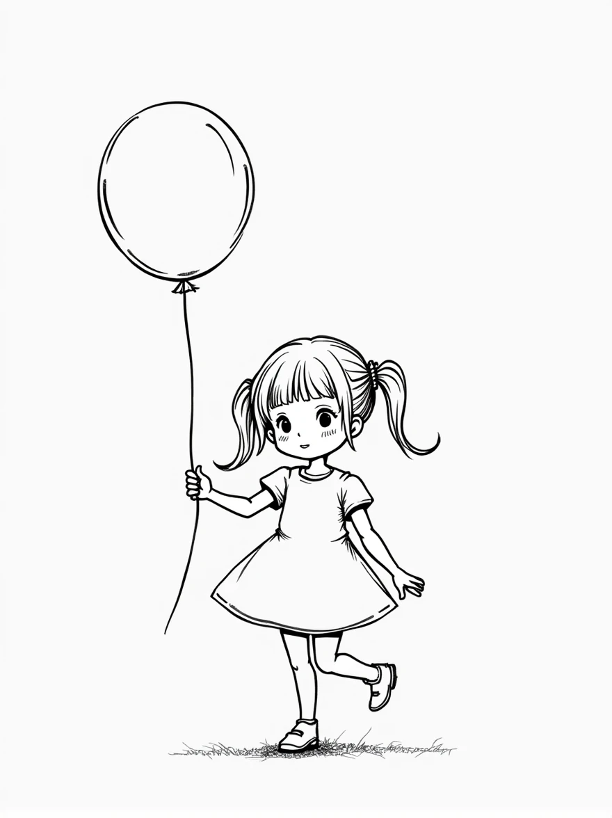 The illustration should be in [SUPER SIMPLE], black and white, cold line art with a clear, mostly empty background. [INCLUDES ONLY OUTLINES WITH NO FILLED IN BLACK AREAS], ensuring no shading, no complex images, and making it very easy to color in between the lines. A cute  with pigtails, wearing a simple dress and holding a balloon in one hand.