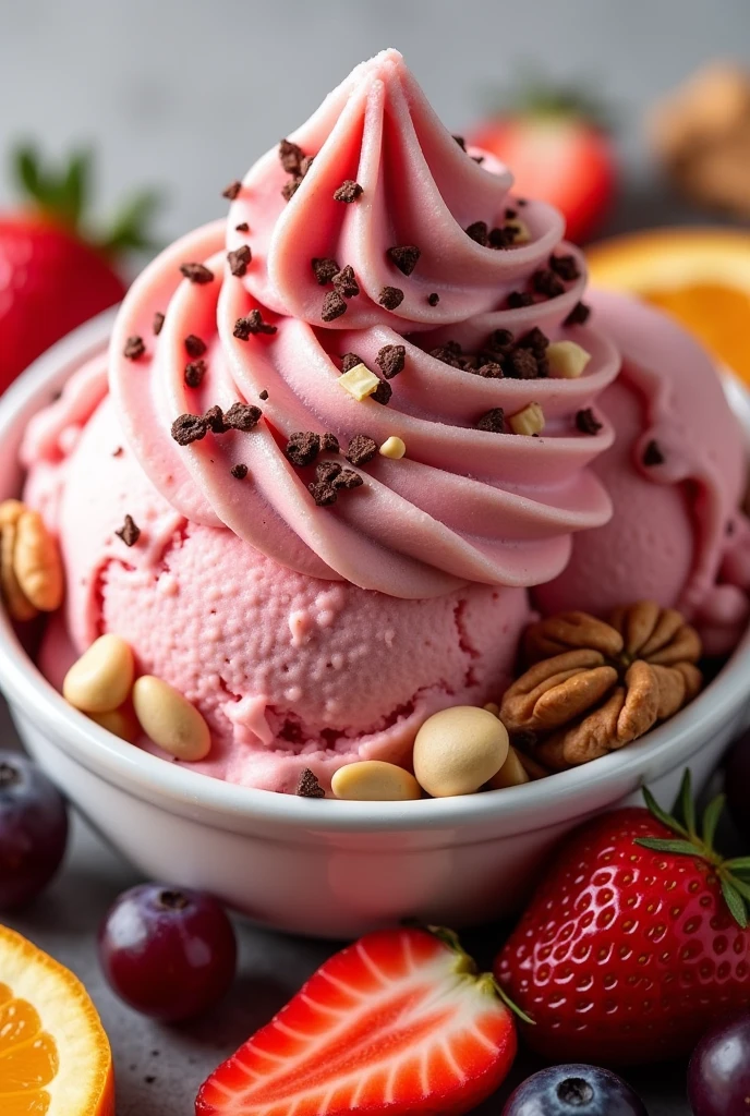 Soft strawberry ice cream with nutty toppings and chocolate sprinkles that look appetizing and fruits around the image 100% natural