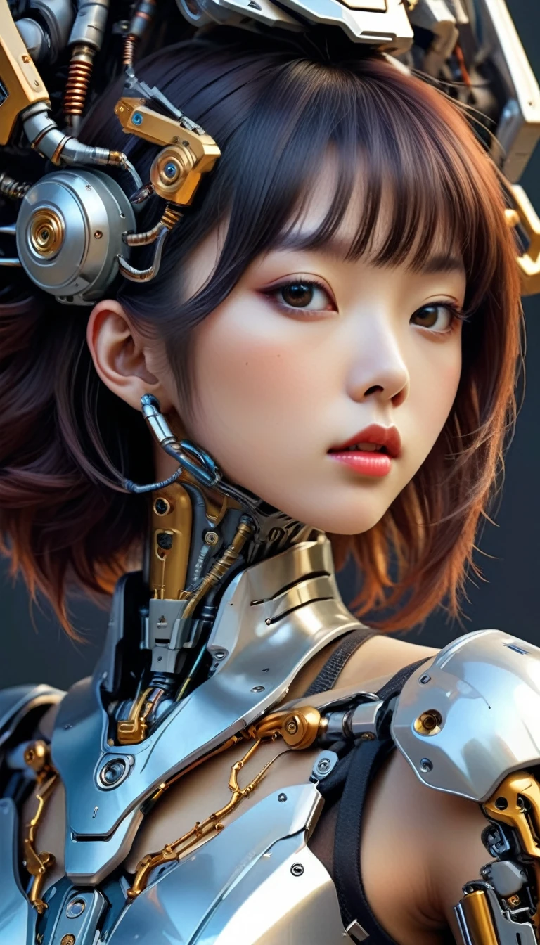 Intricate illustration in surrealist art style,mecha girl,korean women, Korean idol style cyborg