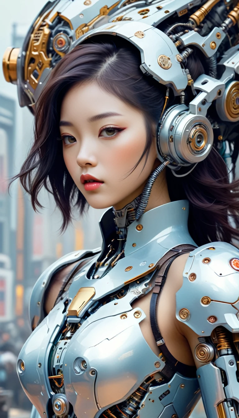 Intricate illustration in surrealist art style，mecha girl，korean women, Korean idol style cyborg