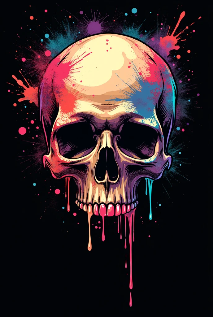 Dripping Splash Skull: A skull surrounded by dripping paint splashes that suggest movement and creative expression. T-shirt design graphic, vector, contour, black background.