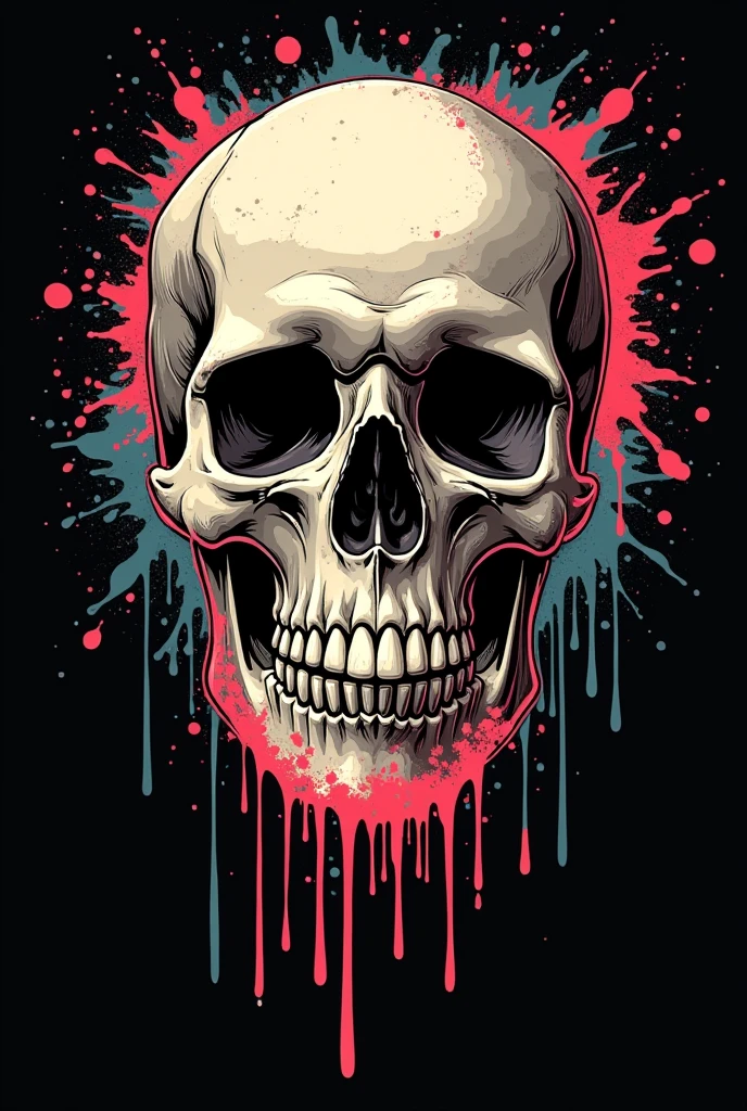 Dripping Splash Skull: A skull surrounded by dripping paint splashes that suggest movement and creative expression. T-shirt design graphic, vector, contour, black background.
