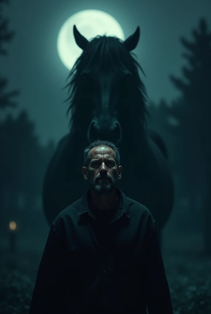 A man with a lot of fear and a dark horse behind him, let it be night. Let it be a horror scene