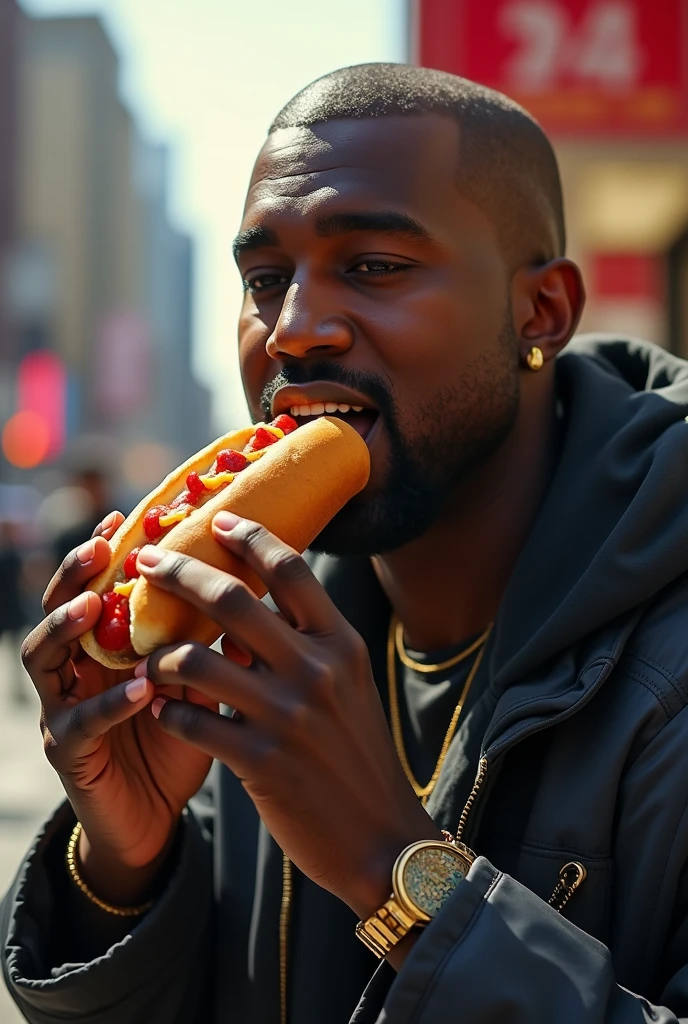 Kanye West eating a hot dog
