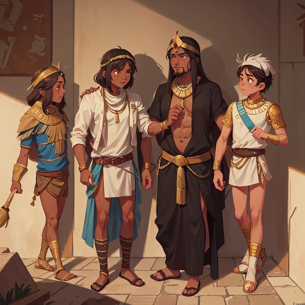 Scene in the ancient time of ancient Egypt: A young Moses in luxurious Egyptian male attire, he witnesses (see) a 37 year old Egyptian man, with black skin beating an old Hebrew man with brown skin, he was 75 years old,