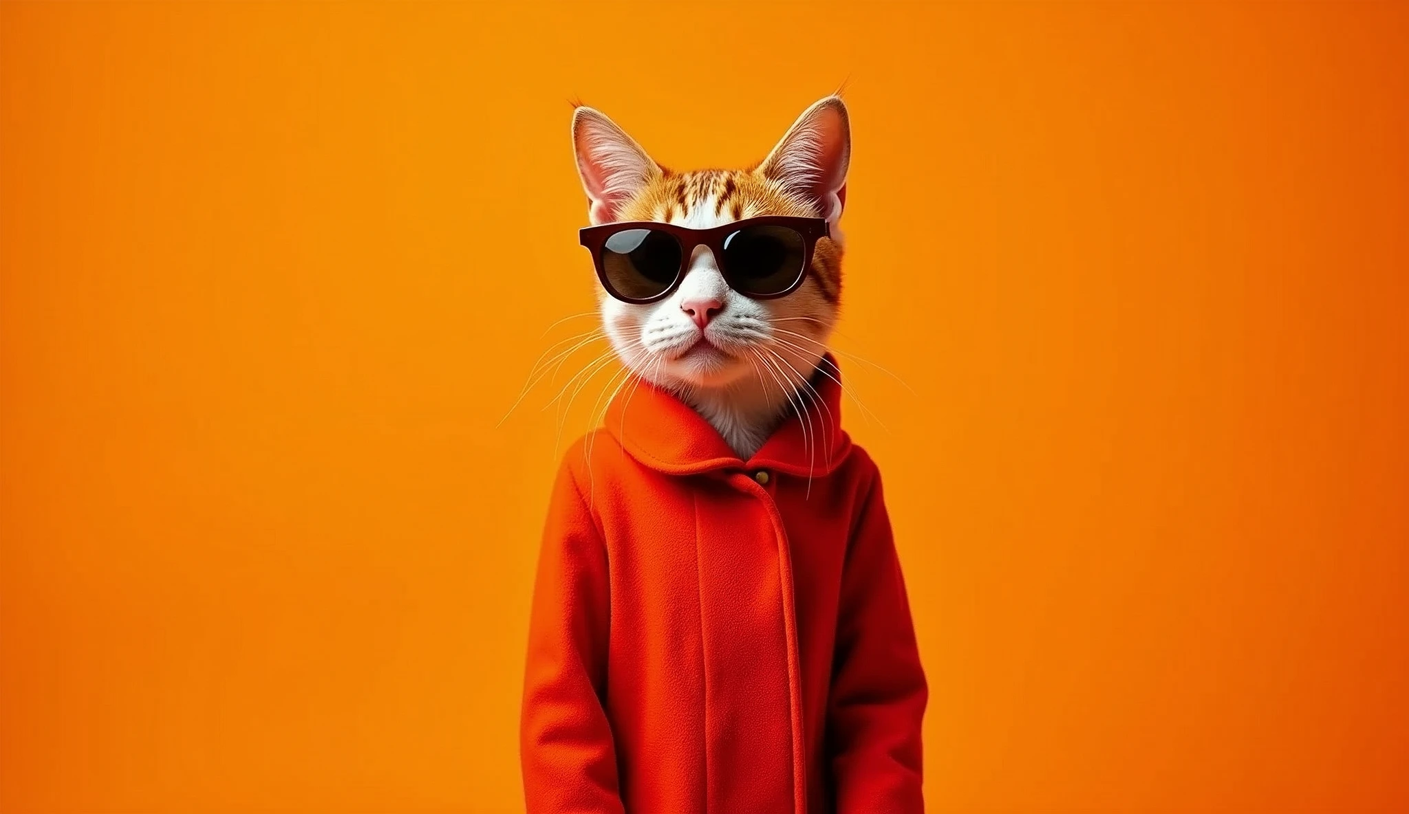 The best mobile wallpaper, Award-winning wallpaper, Portrait Photography, In front view is a portrait of a cute cat wearing 1960s mid-century space-age fashion, Side view shot, Shot with Canon EOS R5, Setting a stark contrast that accentuates the subject, Fluorescent orange shade, Wearing a very fashionable lounge coat and sunglasses are a hip 1960s style, Clothing all in one color, Beautiful background