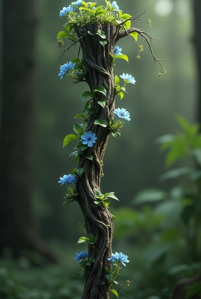 Create a Druid staff that is brown or black that has plant vines and small flowers in a blue-green 