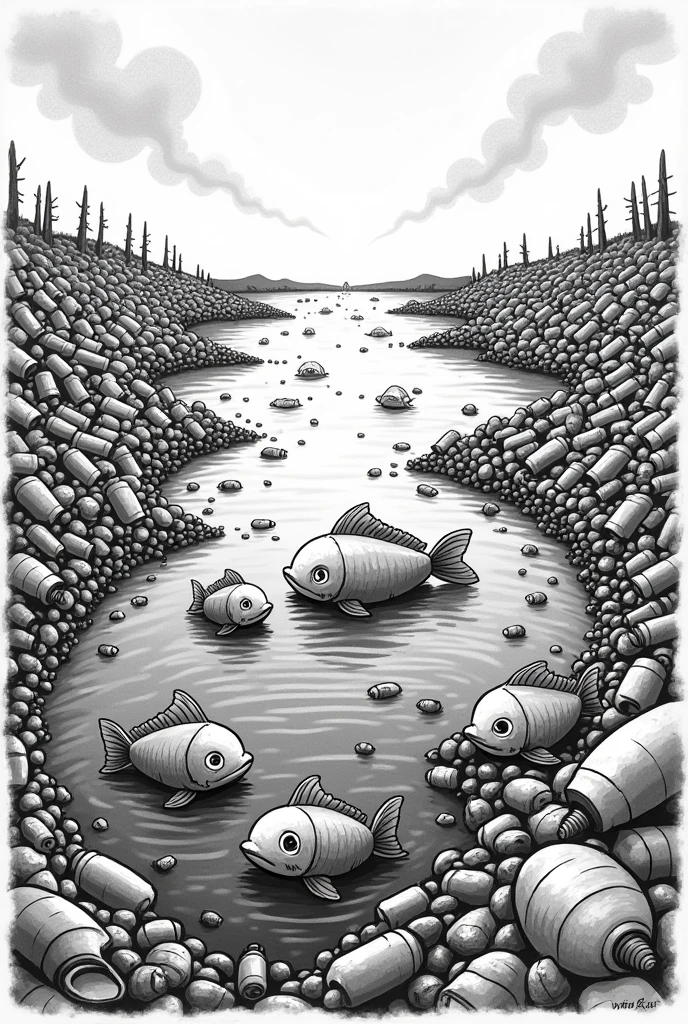 Editorial cartoon about fish not longer having a habitat because of water pollution because people throw trash on the water black and white drawing
