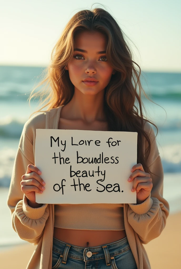 Hyperrealism，A girl holds up a sign that says I Love Seaart Infinity，Standing by the sea，Movie-quality images，Sunlight，Waves，Beach