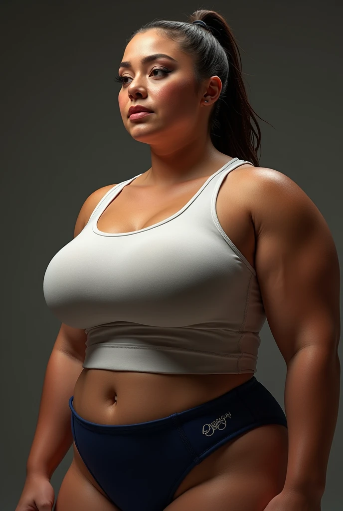 An extremely busty muscular thick nudist American gymnast Olympian with her magnificent round breasts bursting out of her tight shirt