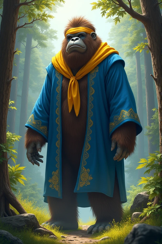 Brown Big foot in a blue robe with few circular yellow designs with a yellow bandana on forehead in forest