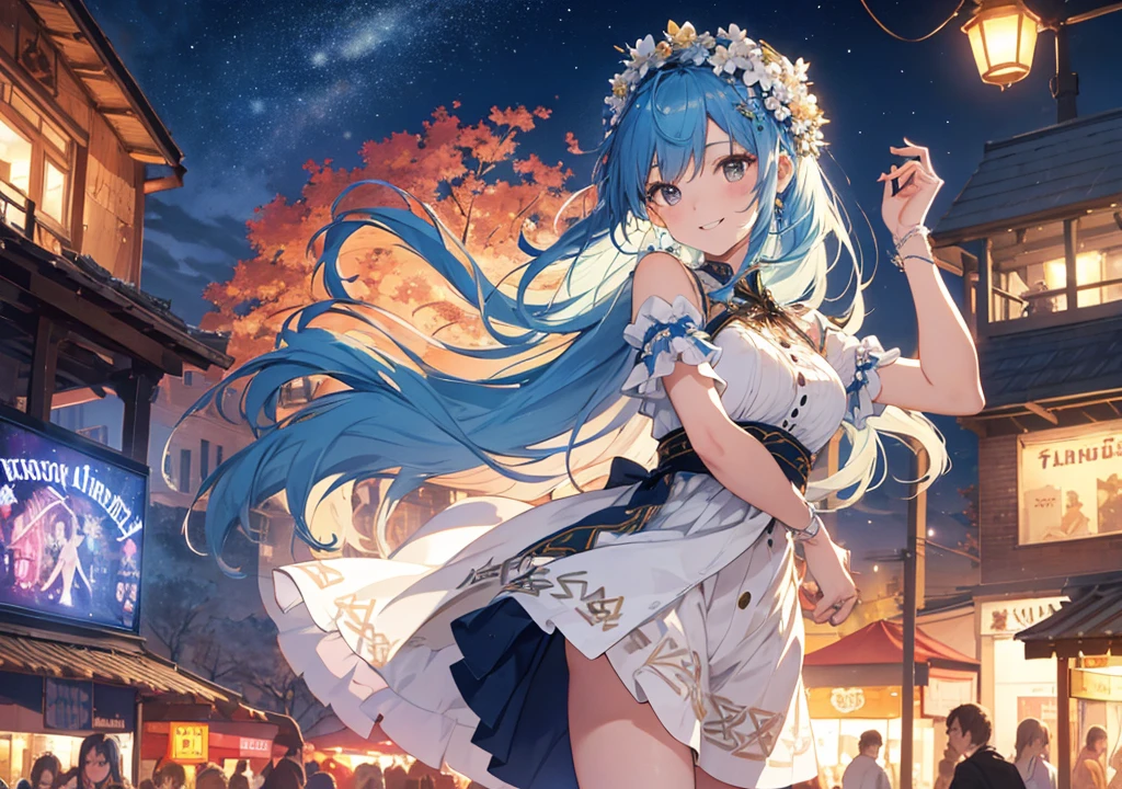 Realistic photos, Focus distance 10mm, Red and white, Beautiful girl, Realistic photos, Shooting at focus distance 10mm, masterpiece, 最high quality, high quality, Very detailed CG 8k wallpaper unit, Award-winning photography, Depth of written boundary, High resolution, bloom, chromatic aberration, Realistic, Very detailed, Art Station Trends, CGsociety Trends, Complex, High detail, dramatic, Art on the go, volumetric lighting, A beautiful girl is having fun at a Celtic midsummer festival, her blue hair blowing in the wind. She is wearing a white dress embroidered with Celtic patterns and a flower crown on her head. In the background, there are lively food stalls and dancing people, and the stars are shining in the night sky. She holds a colorful lantern in her hands and enjoys the festival lights with a smile. A large bonfire is burning in the background, ireland