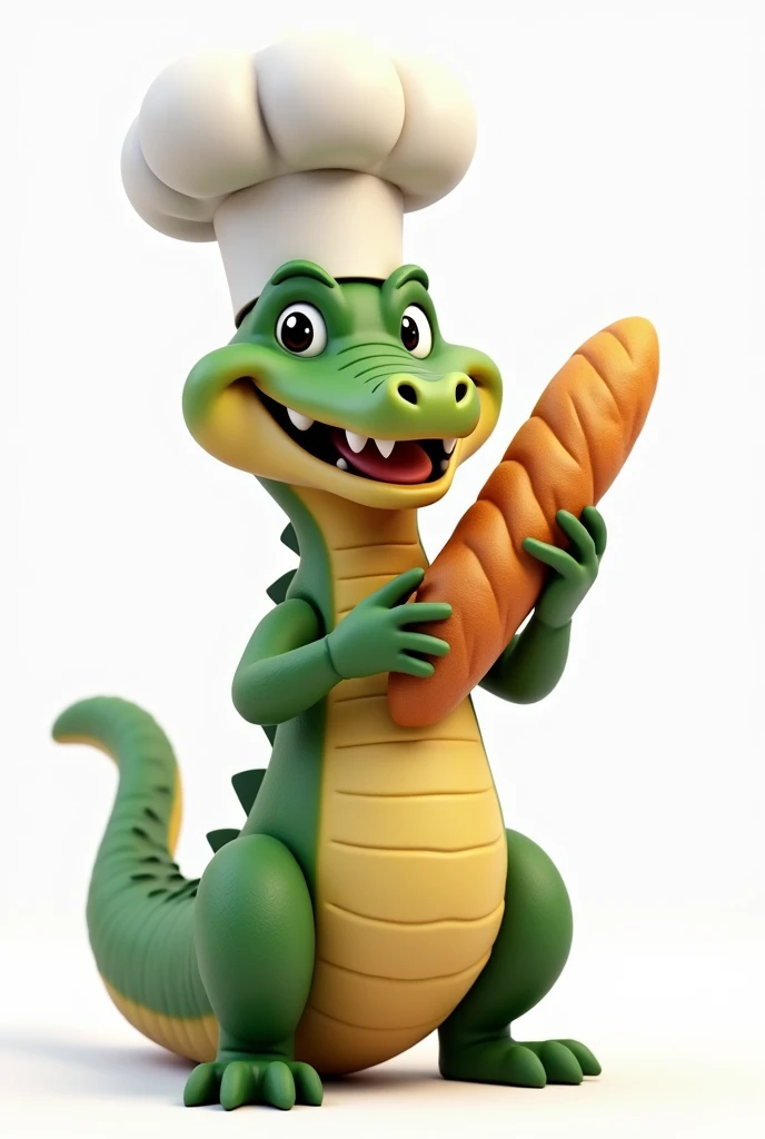 alligator with chef&#39;s hat looking forward holding a baguette bread right, 3d, cartoon, no back ground

