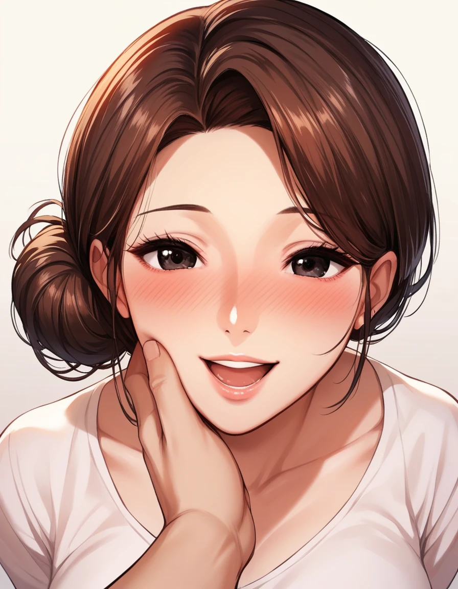 score_9, score_8_up, score_7_up, score_6_up, score_5_up, score_4_up, nari, black eyes, brown hair, slightly disheveled hair bun, masterpiece, best quality, ultra-detailed, higres, 1girl, mature female, beautiful and perfect face, detailed eyes, detailed eyelashes, full-face blush, open mouth, smile, pretty face cute, cute mature adult woman, mature milf cute face, beautiful and cute adult woman's face, cute face, pov, grabbing anothers chin, hand on another's chin, 1girl, open mouth, blush, ginger