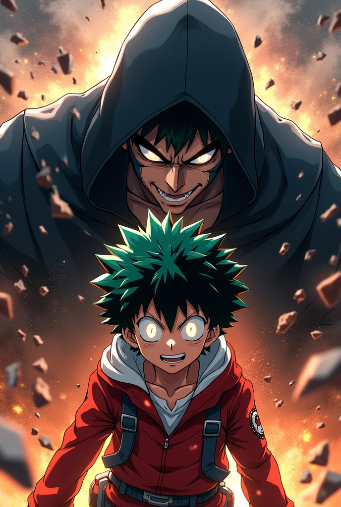 Izuku midorya big eyes red and capuche noir stylé versus big fight versus all for one (mode anime japonais my hero academia)