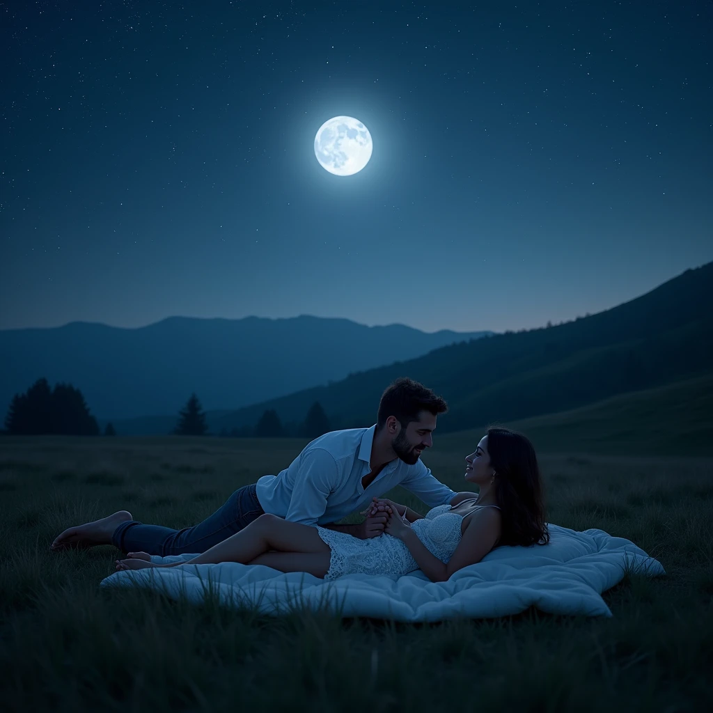 (Moonlit Confession, Couple proposal:1.2), moon night, On an open grassland, there are rolling mountains in the distance. A couple lay on a soft blanket, looking up at the stars in the sky. The man held the woman's hand and pointed towards the stars in the night sky, creating a peaceful atmosphere, film, color negative, beautiful cinematic lighting, photography, beautiful cinematic lighting, RAW photo, color graded, surreal, (captivating chiaroscuro:0.1), dynamic movement, full body, award-winning, cinematic still, emotional, dynamic, vivid, (masterpiece, best quality, photorealistic, Professional, perfect composition, very aesthetic, absurdres, ultra-detailed, intricate details:1.3)