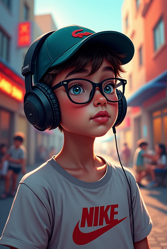 An image of a boy with headphones and a Nike shirt With a lacoste cap and glasses 

