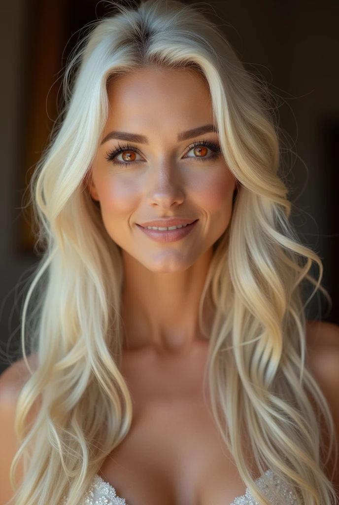best quality, high quality, fiery orange eyes, platinum blonde hair, elegant lady in gown, indoors, mature lady, long hair, gentle face