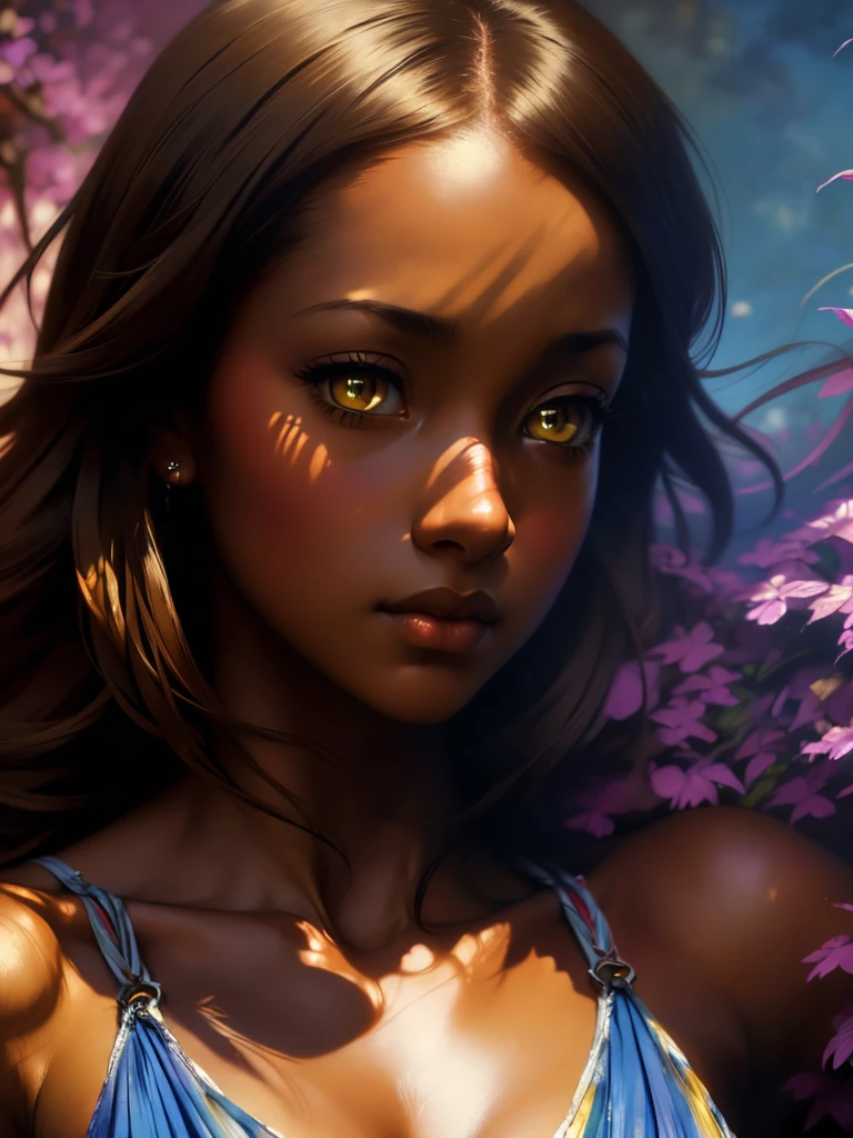 ((Solo Beautiful Carribean woman with dark skin and striking eyes)),  shadowed interior background, art by akihiko yoshida, manga art style, colorfield illustration, scary atmosphere, global illumination, by frank frazetta, art by goro fujita, glamor shot, banner, blur, anime key visual, (blue, yellow and gray colors), photorealistic dramatic anime girl, intricately detailed, chiaroscuro, pino daeni, impressionist (best quality, masterpiece)