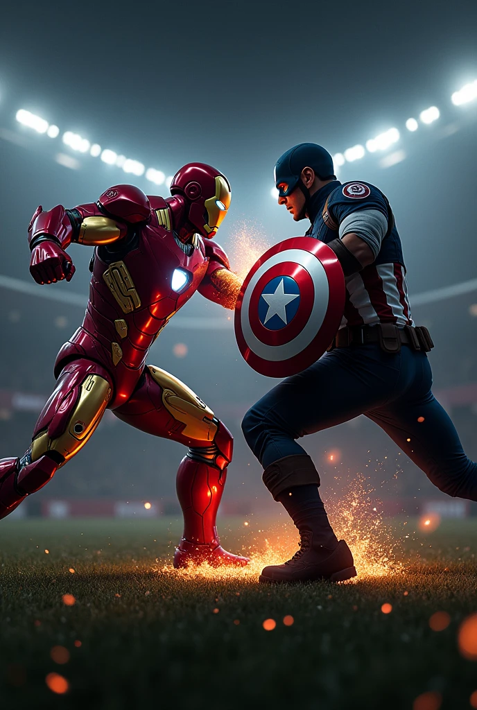 Iron man fighting strongly against Captain America on a very very very very dark night, in the center the Bayern Munich shield