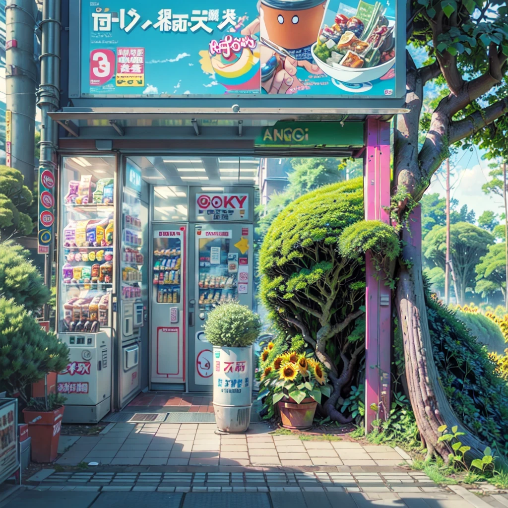 ((overgrown trees: 1.5)), ((overgrown plants: 1.4)), lush vegetation, plant pots, (vibrant flowers)), ((sunflowers)), ((pink flowers)), ((overgrown grass)), ((dense forest))